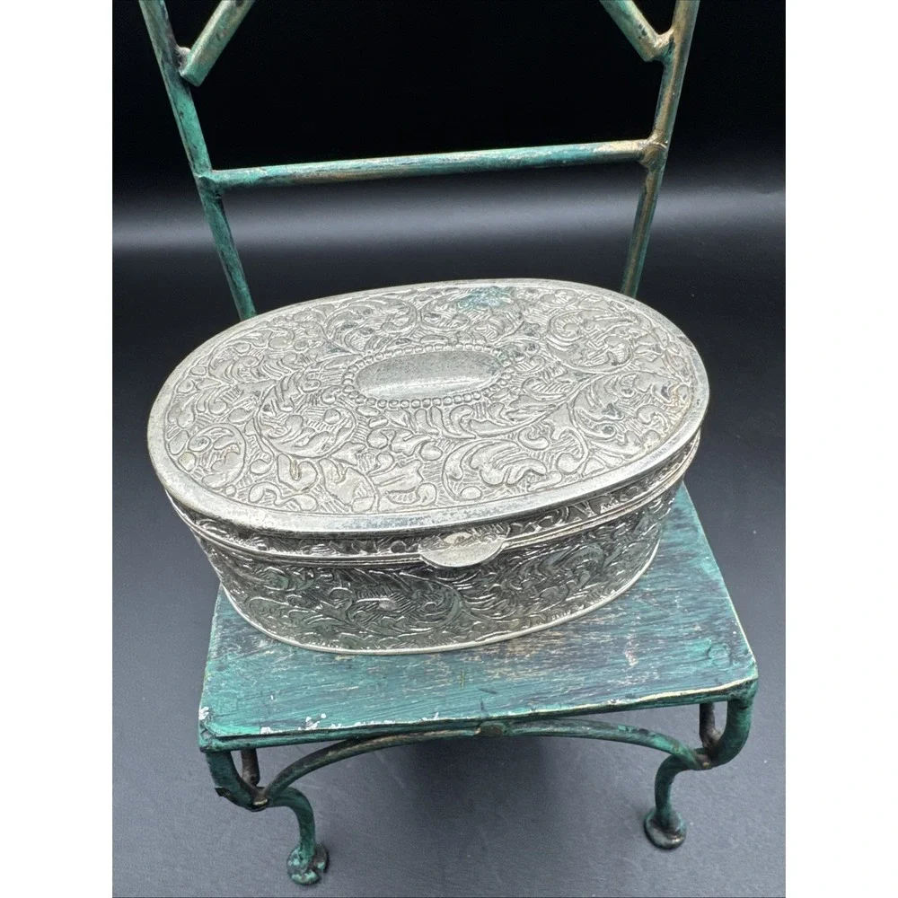 Vintage silver Colored ornate dresser box Red Fabric Lining